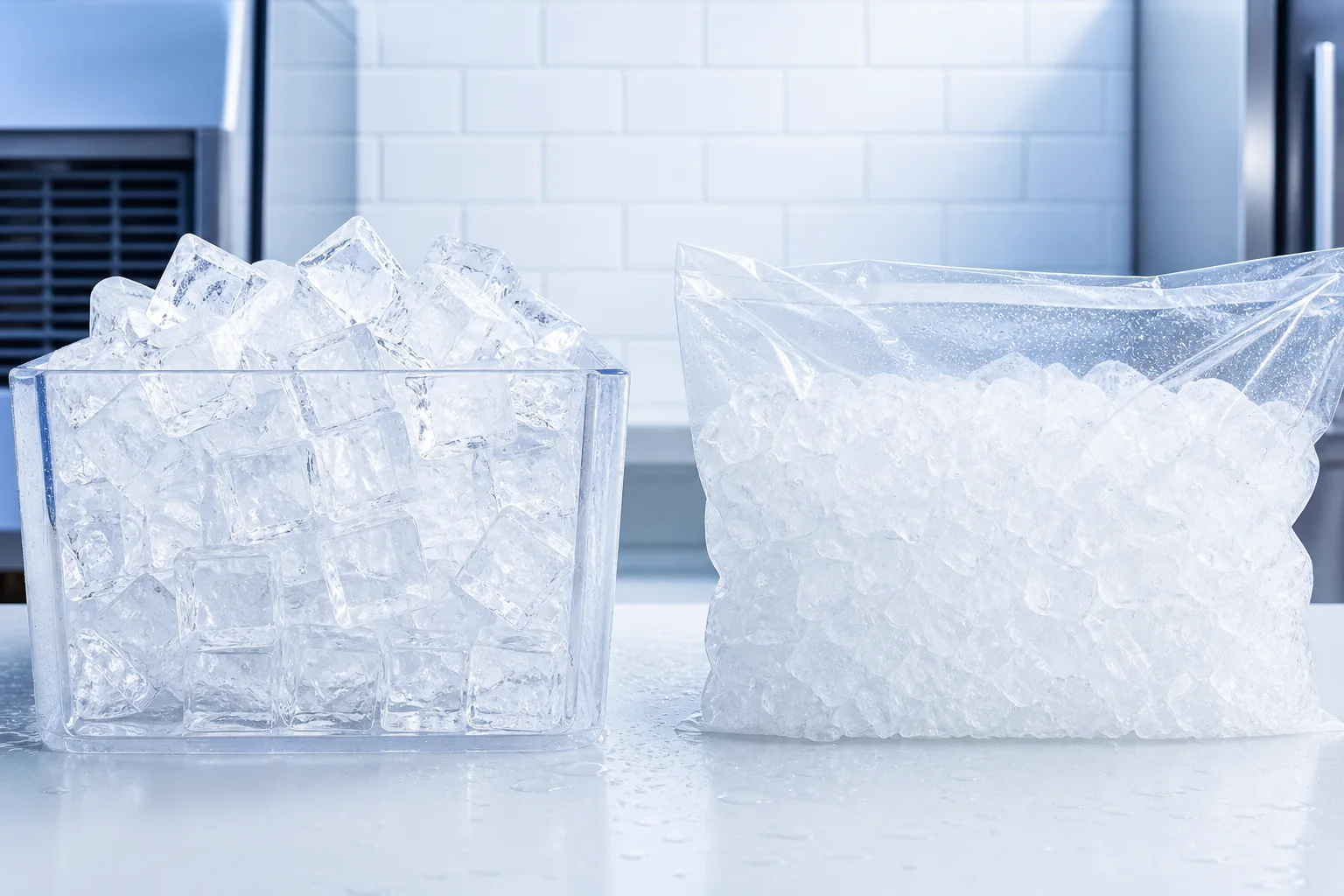 Hielo en cubo y hielo molido listos para servicio